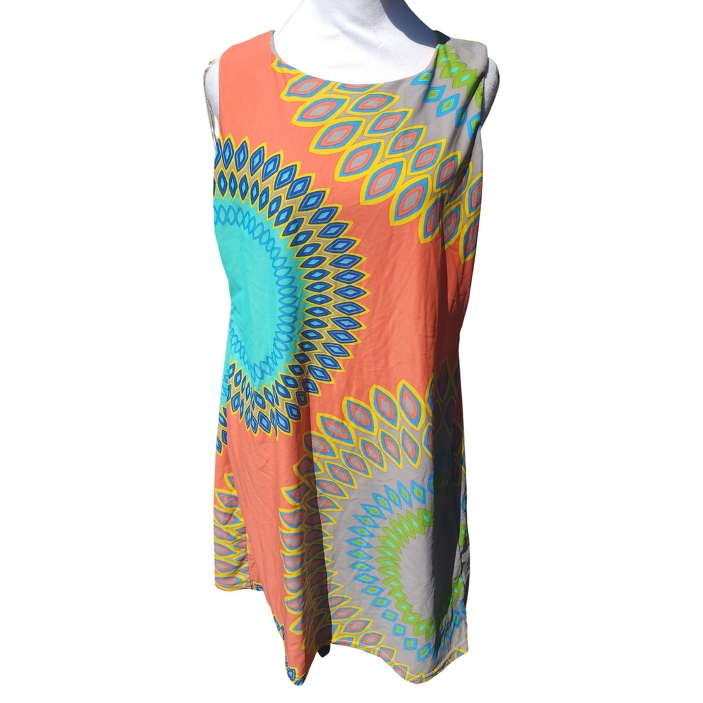 Aryeh Womens Orange Turquoise Geometric Medallion Print Shift Dress Medium M